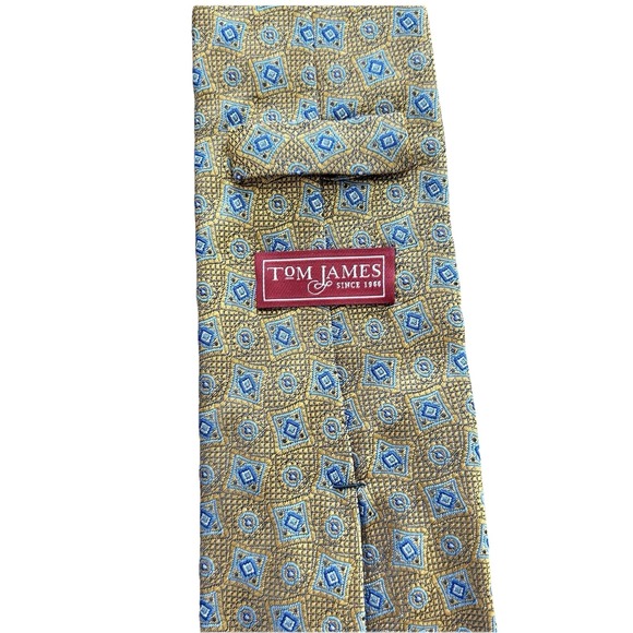 TOM JAMES Tie Made USA Dress Men's 100% Silk Gold & Blue‎ Designer Classic - Picture 1 of 8